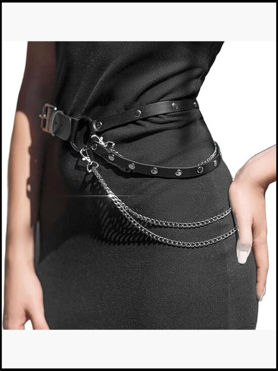 Adjustable Waist Belt with Chain Layer Faux Leather Double Strap Minimalist main image 6